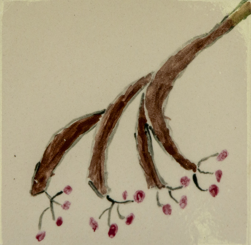 Painting of brown branches with small red berries hanging from thin stems.