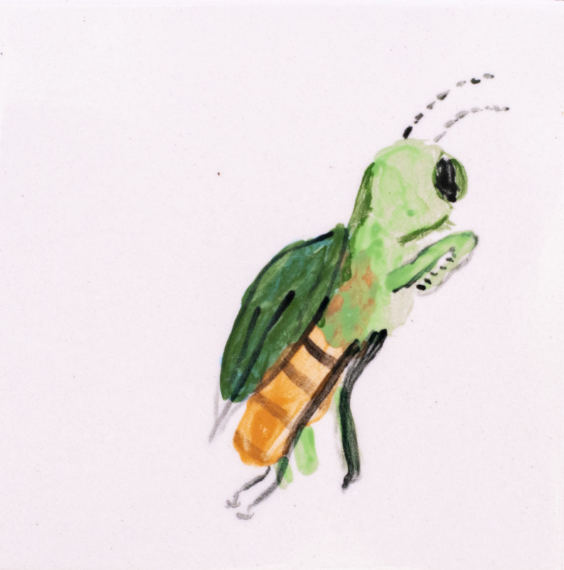 Painting of a green grasshopper with dark eyes and wings, and a yellow striped abdomen.