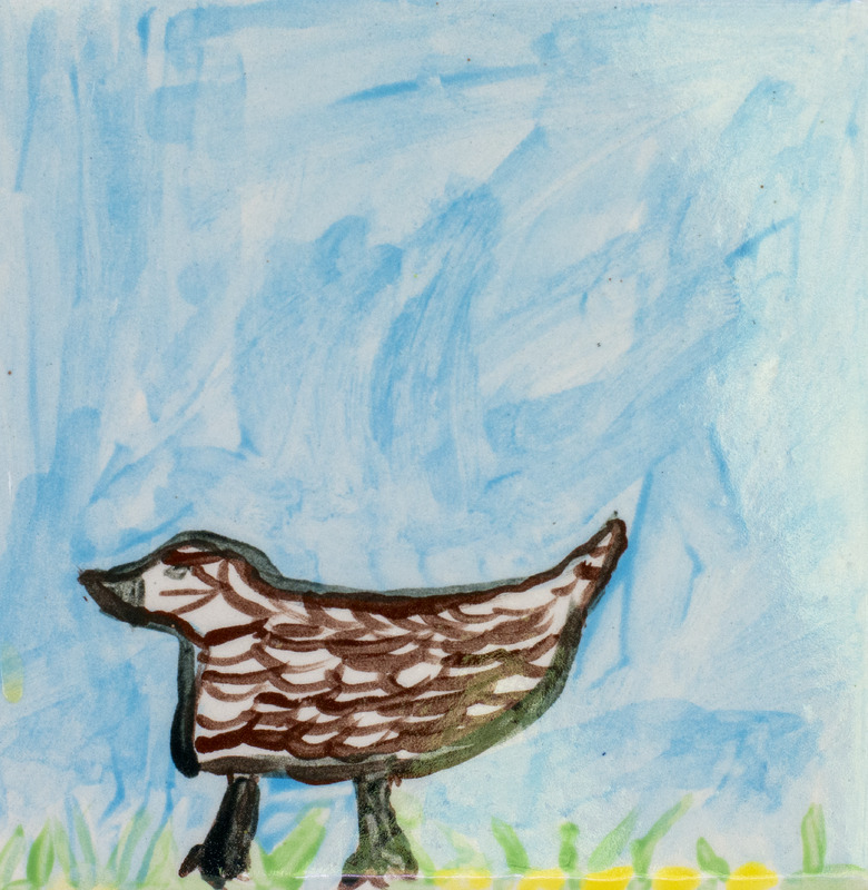 Painting of a brown bird standing in green and yellow grass, and in front of a blue sky.