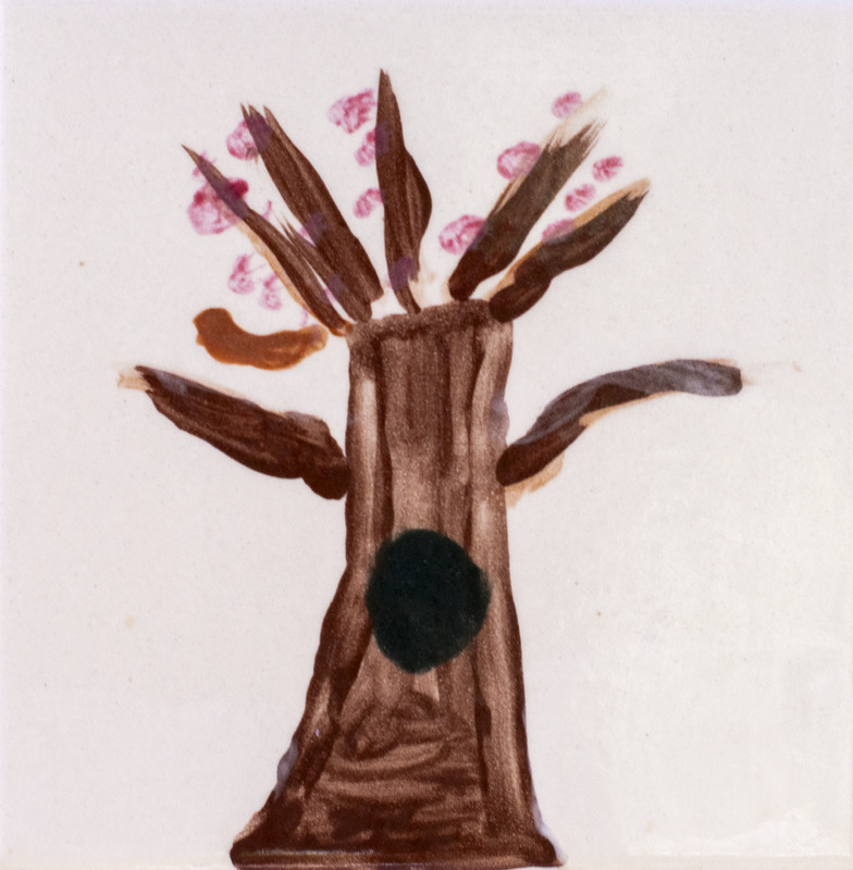 Painting of tree with black cavity in trunk and red leaves against white background.