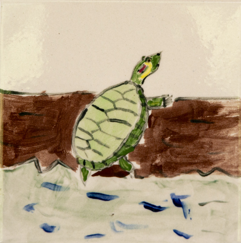 Painting of a red eared slider turtle with a green shell and a red stripe by its eye, resting on a brown log above blue water.