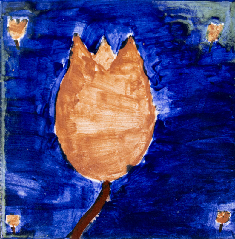 Painting of brown flower in center with four smaller brown flowers in each corner against blue background.