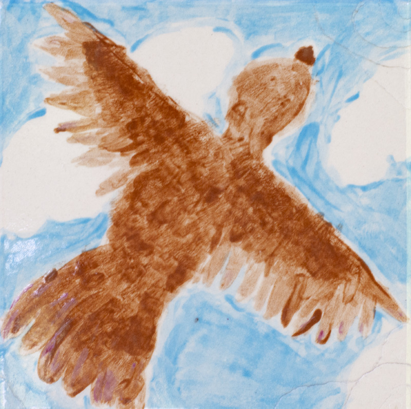 Painting of a brown hawk soaring in the sky.