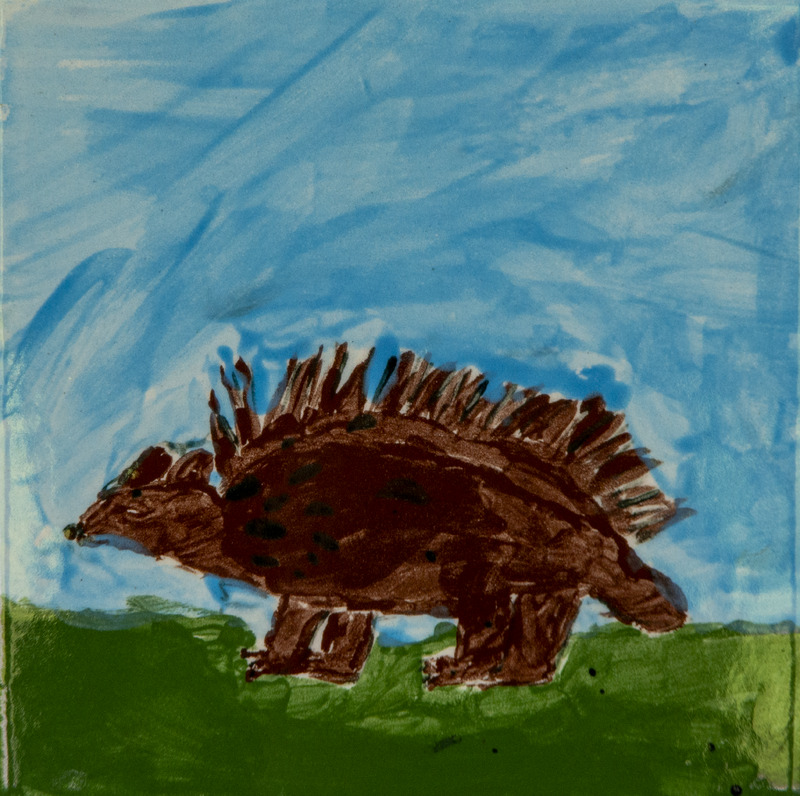 Painting of a brown porcupine with dark spots and raised quills, standing on green grass under a blue sky.
