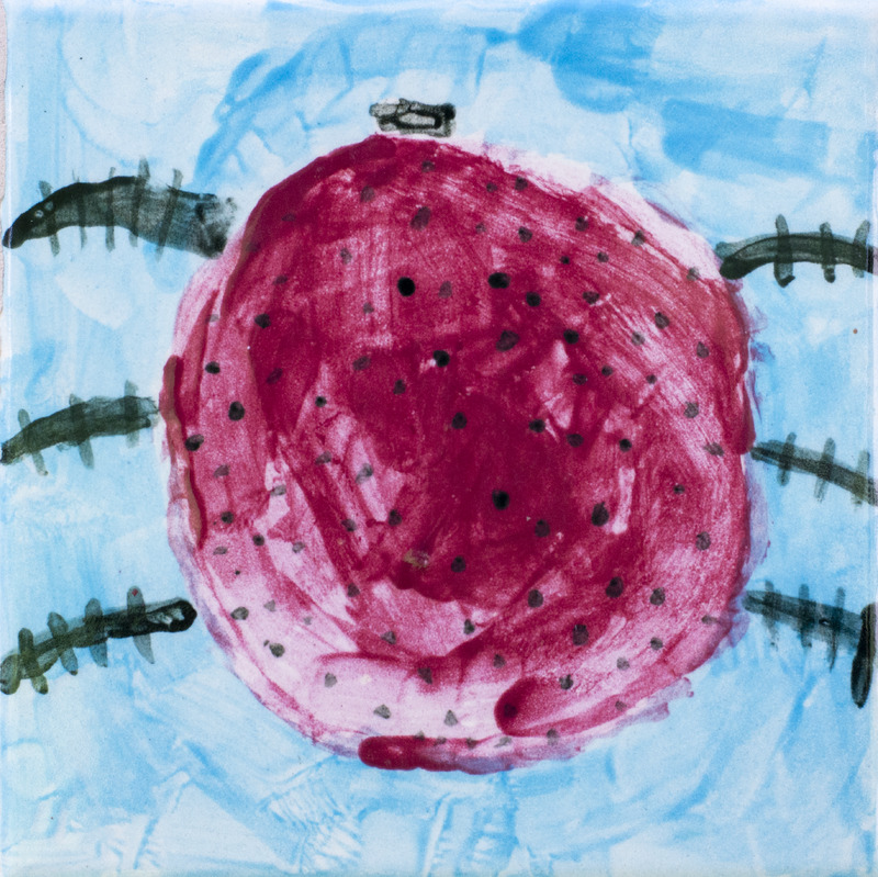 Painting of red water mite with black spots.