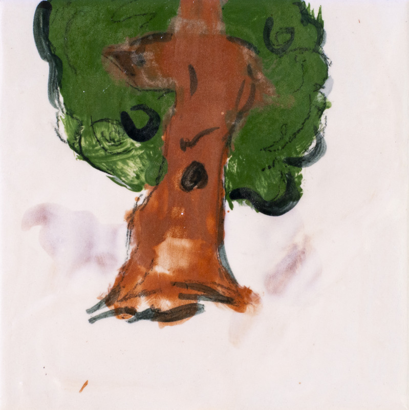 Painting of tree with full crown against white background.