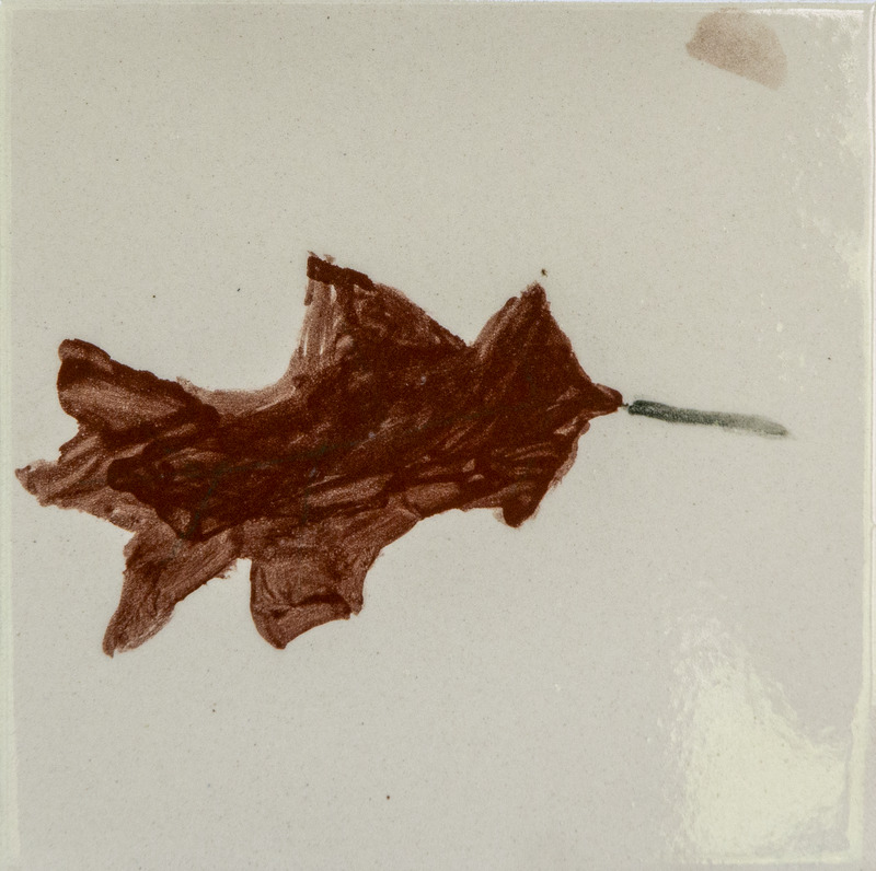 Painting of a brown oak leaf with rounded lobes and a short stem.