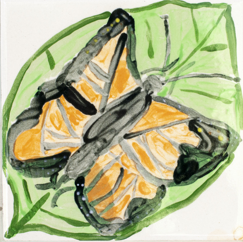 Painting of orange and black butterfly sitting on green leaf with wings spread out against white background.
