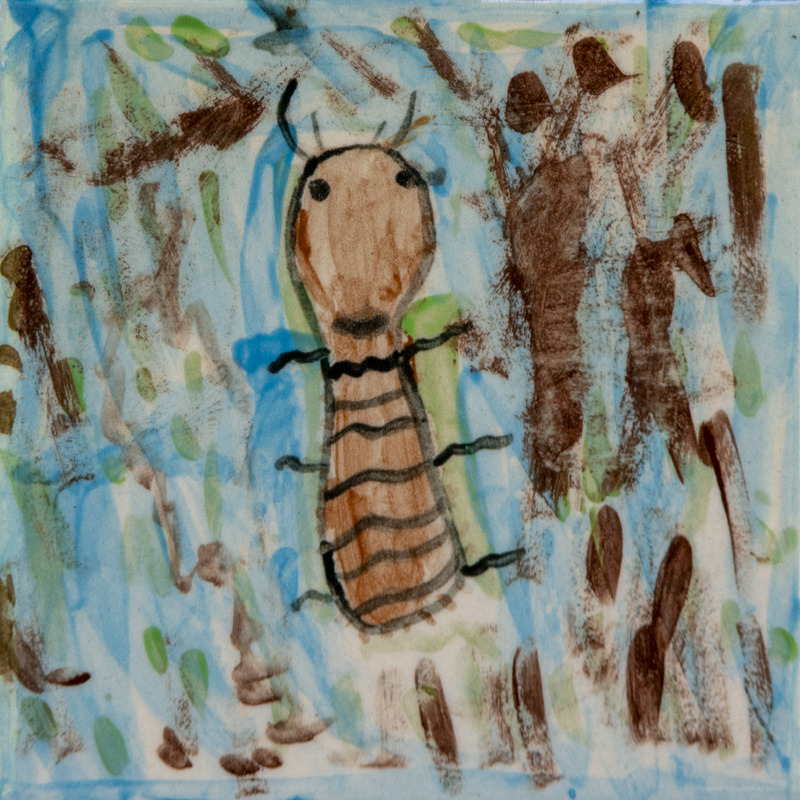 Painting of a long brown water bug with stripes, small legs and antennae.
