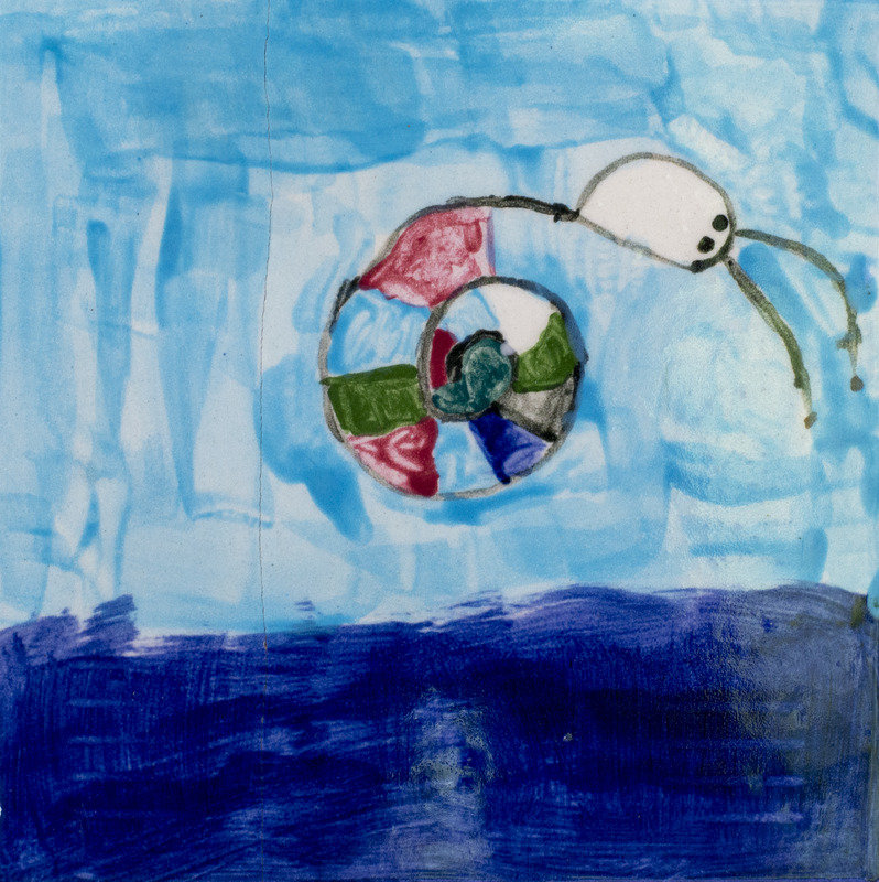 Painting of a colorful snail with a blue background.