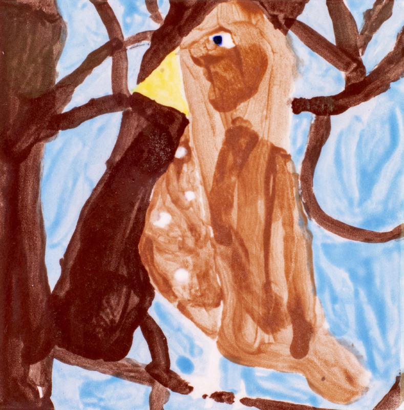 Painting of a sparrow perched on a tree with a blue background.