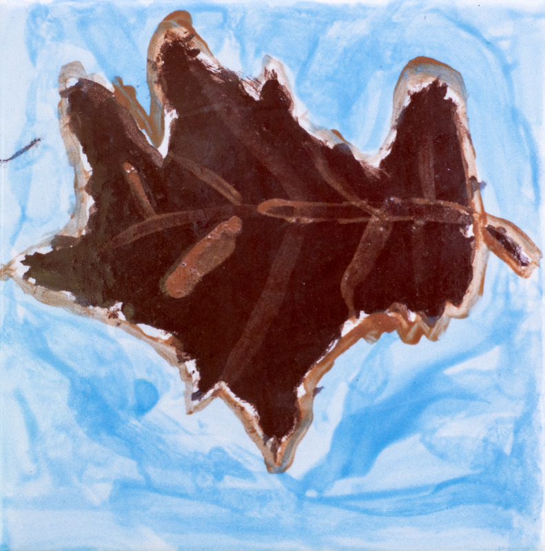 Painting of brown oak leaf against blue background.