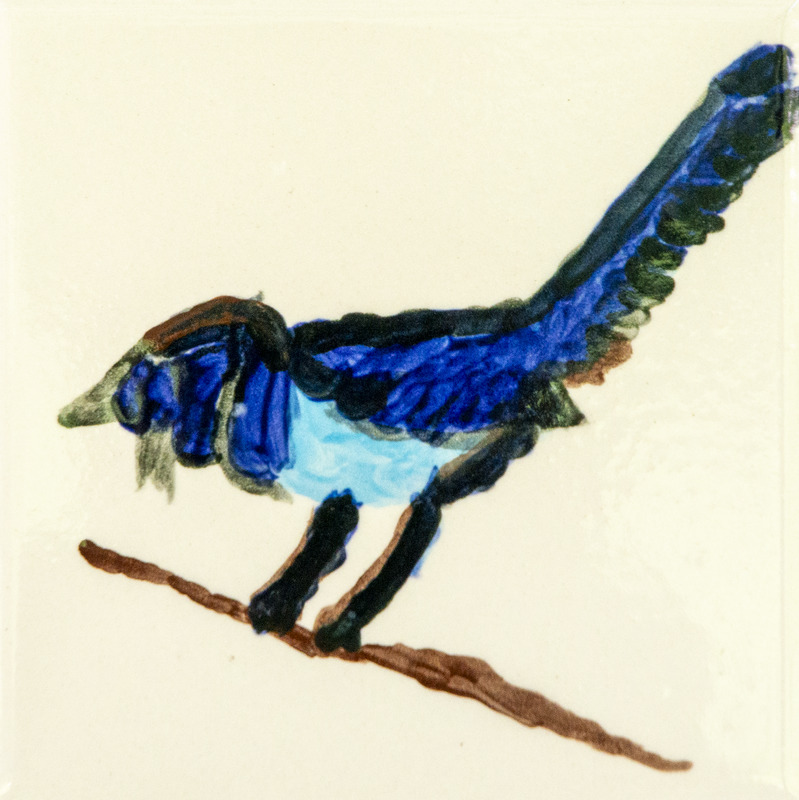 Painting of a blue jay with outstretched wing perched on a brown branch.
