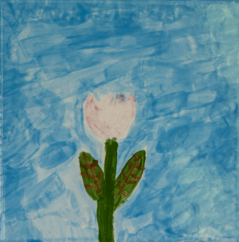 Painting of a single pink flower with a green stem and two leaves against a blue sky background.