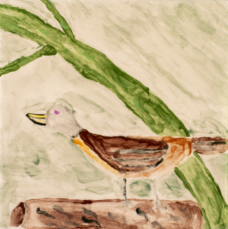 Painting of a robin standing on a log in the grass.