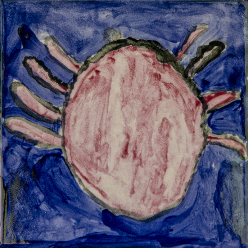 Painting of a round pink mite with short legs radiating outward, set against a deep blue background.