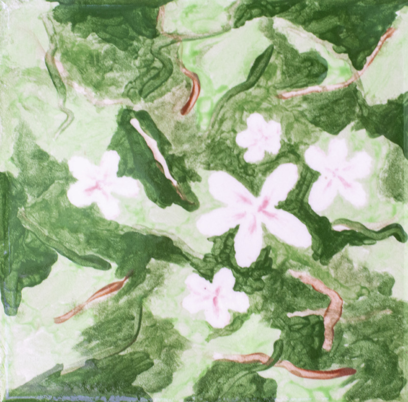 Painting of green ivy leaves with small white flowers and winding brown stems.