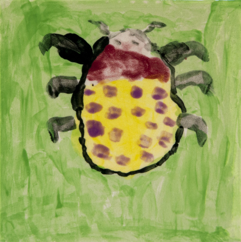 Painting of a spotted bug with a yellow body and dark spots, black legs, and a reddish head on a green background.