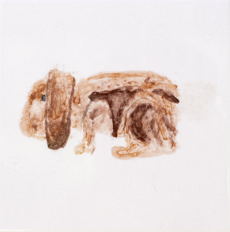 Painting of a rabbit with floppy ears on a white background.