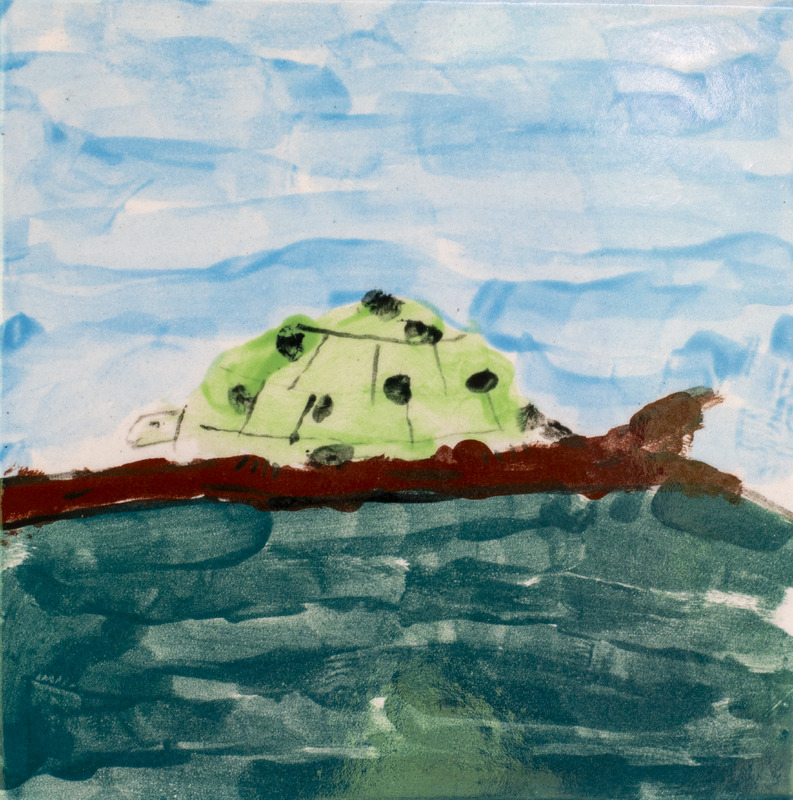 Painting of a green turtle with black spots resting on a log over water with a blue sky background.