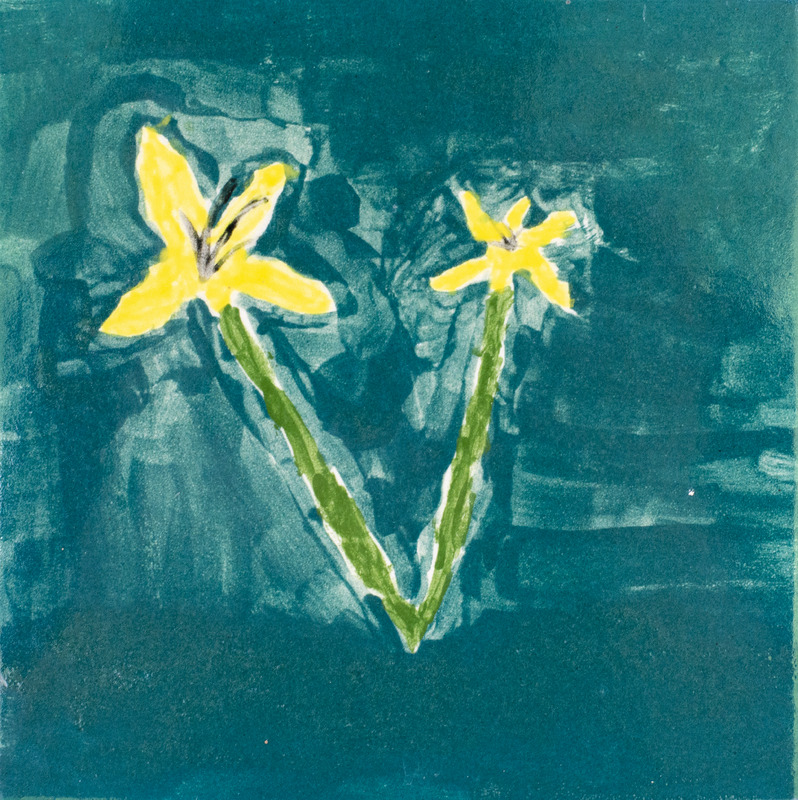 Painting of two yellow flowers with green stems over a teal background.