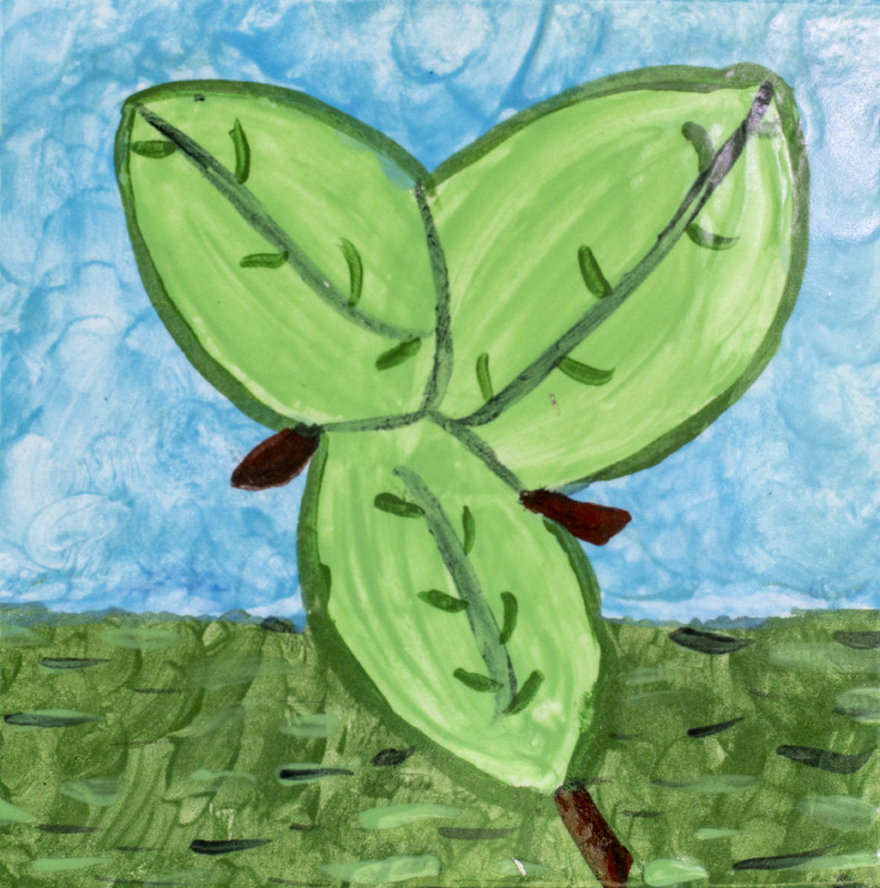 Painting of three green leaves on a brown stick in front of a green landscape with a blue sky.