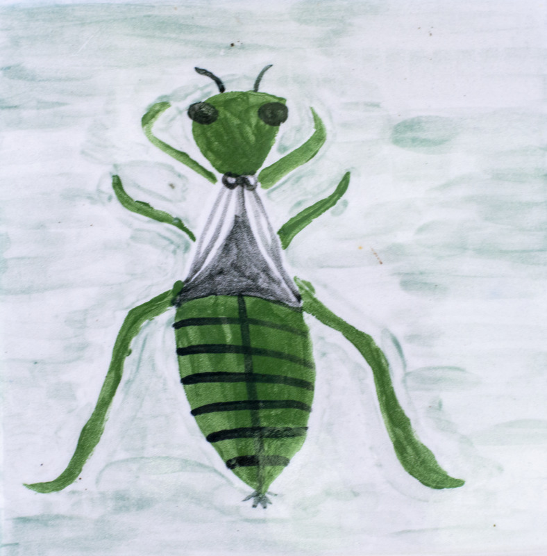 Painting of green dragonfly nymph.