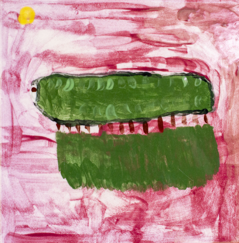 Painting of a green caterpillar in front of a red background.