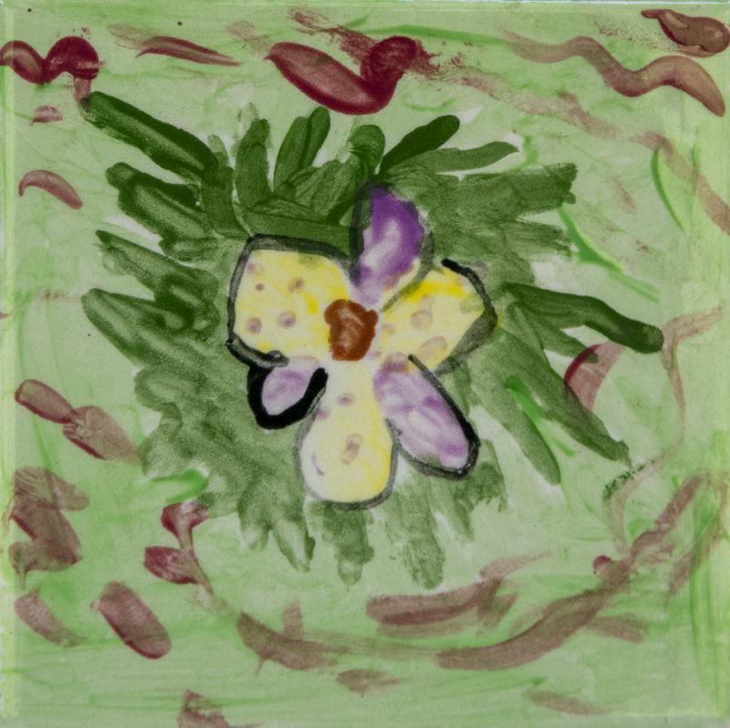 Painting of a yellow and purple flower centered on green foliage, with loose red brushstrokes around a light green background.