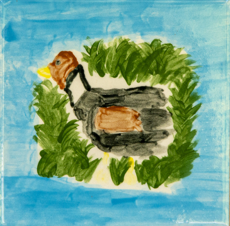 Painting of a goose with a yellow beak, dark body, brown head and wings, resting on an island of green bushes surrounded by blue water.