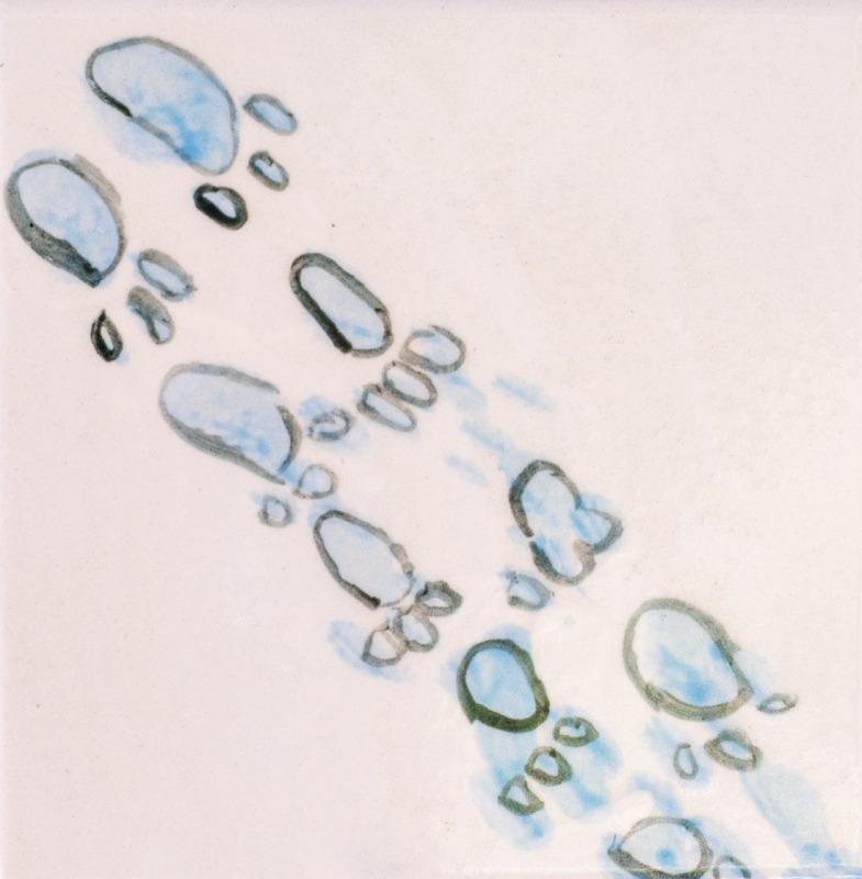 Painting of blue animal footprints in the snow.