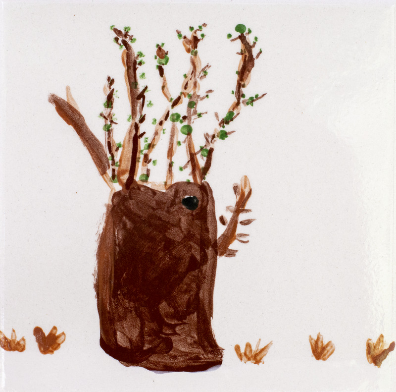 Painting of a brown tree with a cavity.