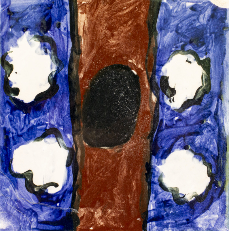 Painting of a brown tree trunk with an empty hole in it, over a blue sky with clouds.