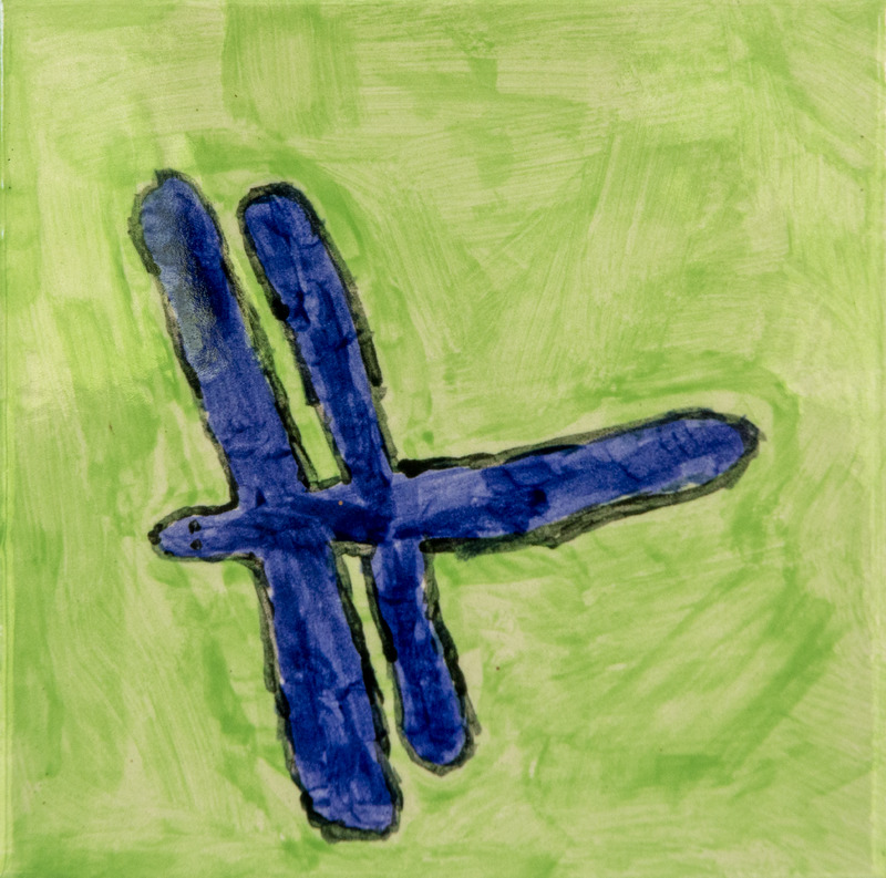 Painting of a blue dragonfly with four thick wings and a long body on a light green background.