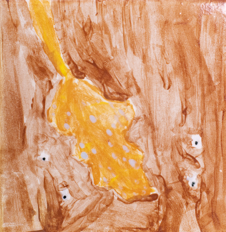 Painting of orange leaf with gray spots against brown background.