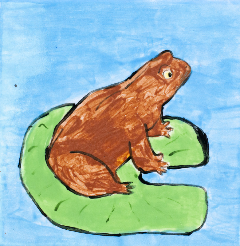 Painting of brown frog sitting on green lilypad against blue background.