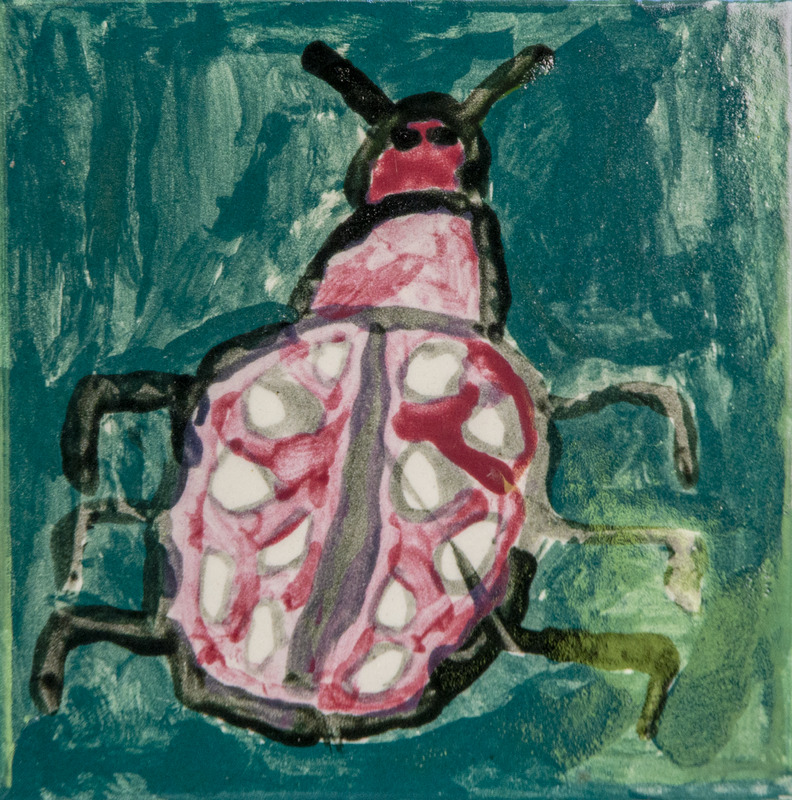 Painting of a red ladybug with white spots, black legs and antennae, set against a green-blue background.