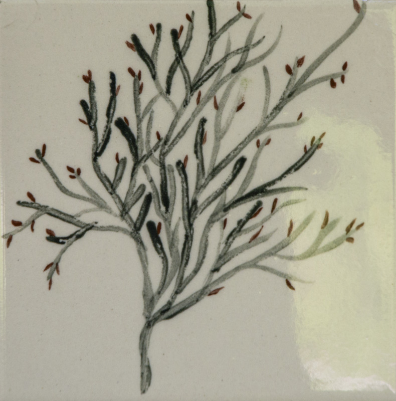 Painting of bare tree branches with thin gray limbs and small brown buds scattered along them.