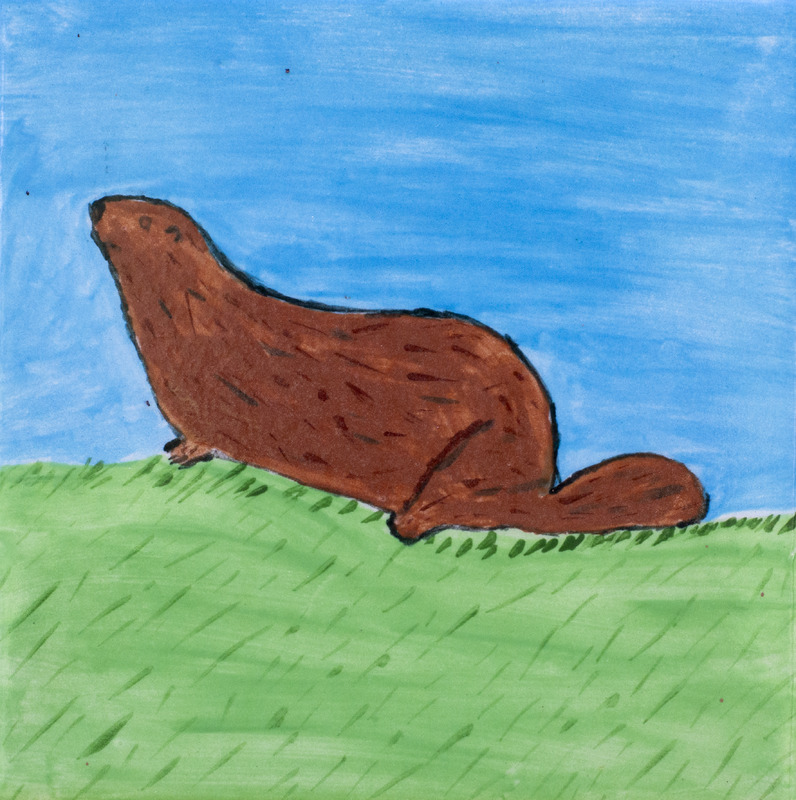 Painting of brown groundhog in grass.