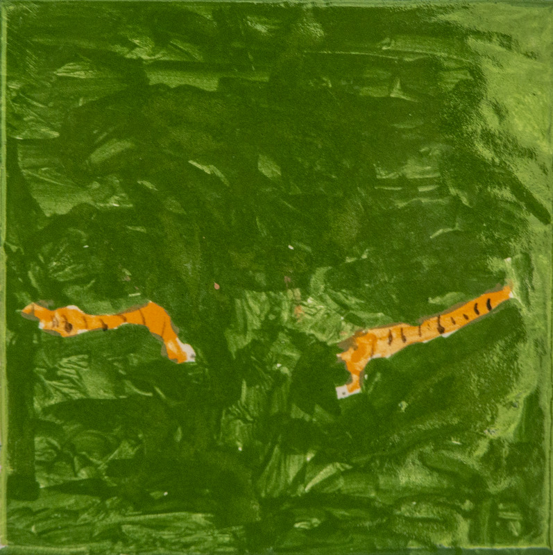 Painting of two orange slugs with dark stripes crawling across grass or leaf.