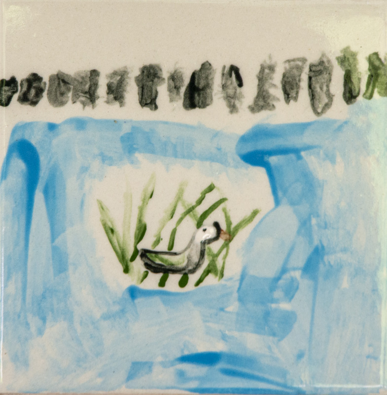 Painting of a small goose swimming in blue water, surrounded by green reeds.