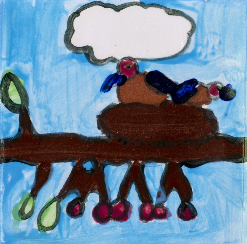 Painting of birds in a nest on a branch with a blue background.