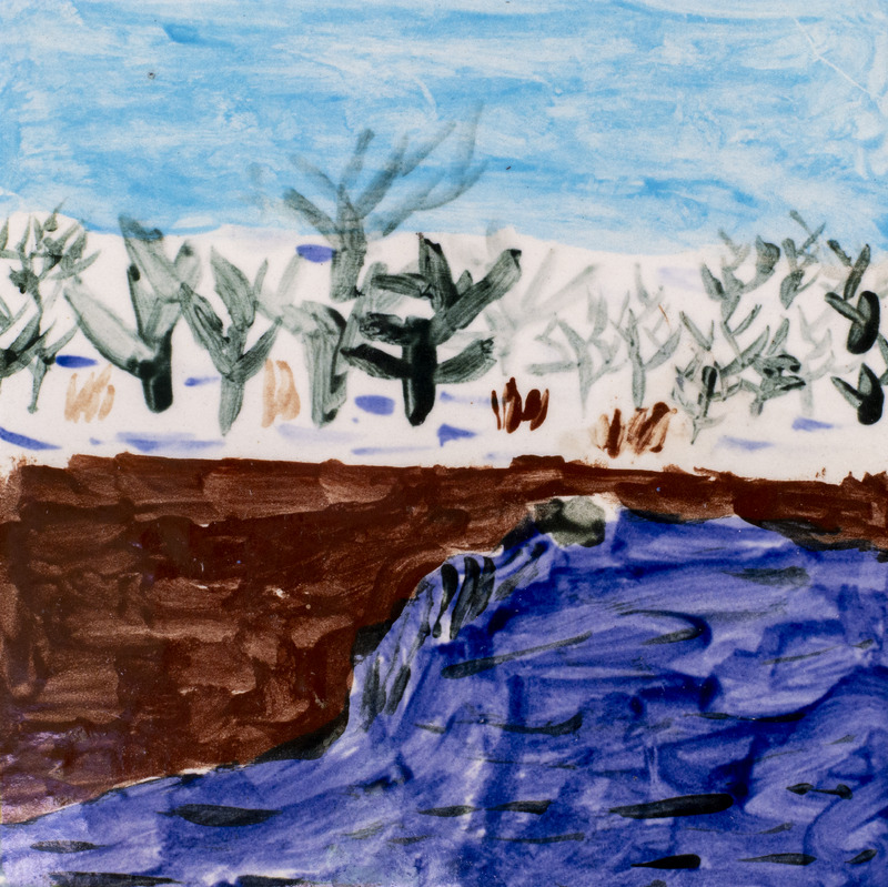 Painting of river with bare trees on snowy bank and blue sky.