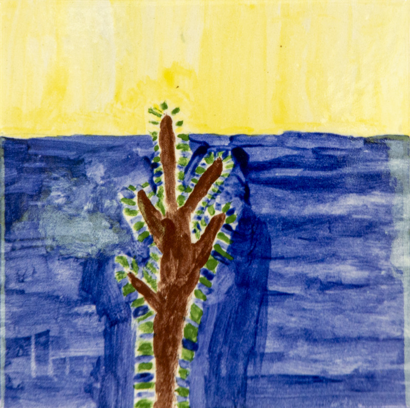 Painting of a brown tree branch with small green leaves against a blue and yellow sky.
