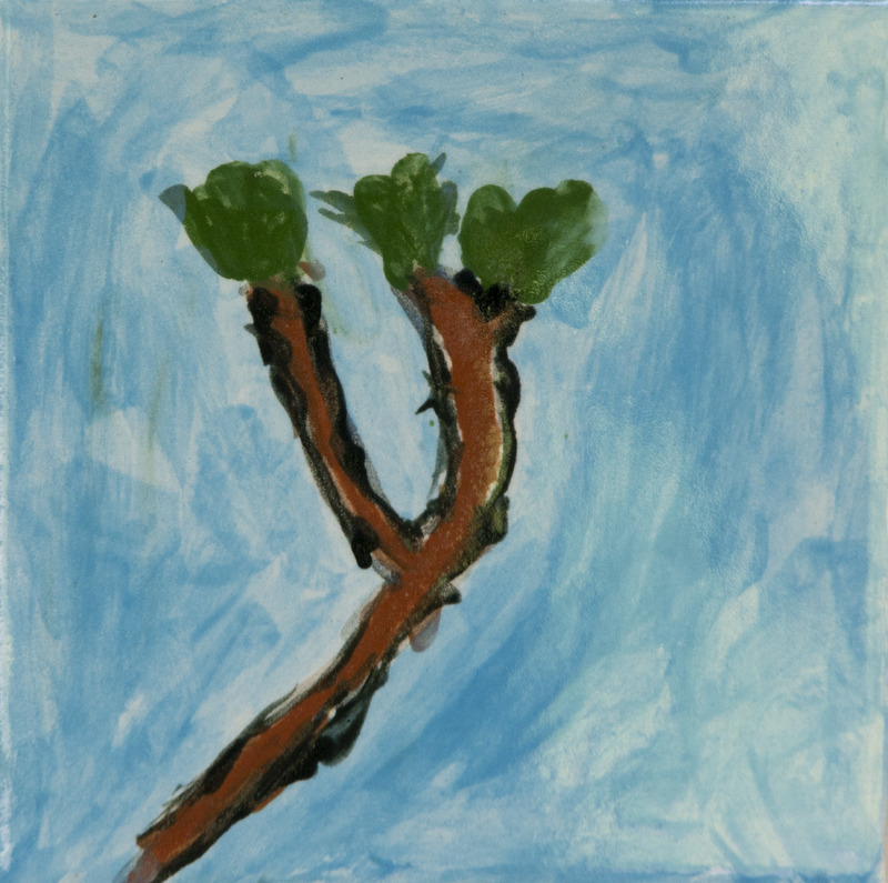 Painting of a brown tree branch splitting into two, each tip with green leaves, set against a light blue sky background.