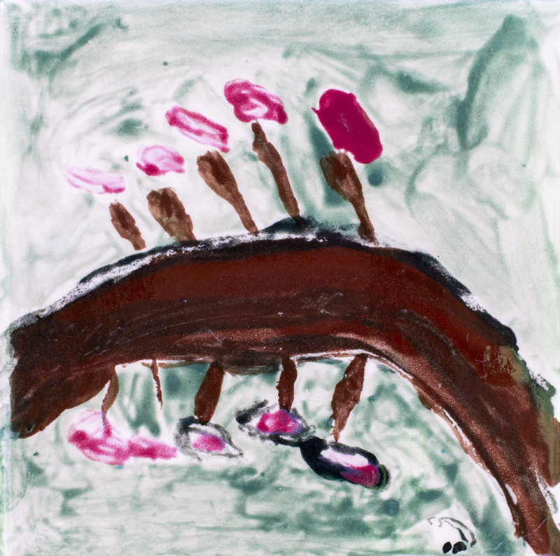 Painting of a brown tree branch with pink blossoms and buds against a soft green background.