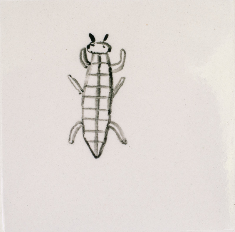 Painting of a six-legged black bug with antennae over a white background.