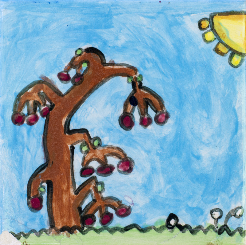 Painting of tree with cherries and yellow sun in the top right corner against blue background.