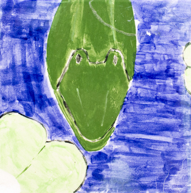 Painting of a green frog’s face with simple black eyes, surrounded by blue water and pale green lily pads.