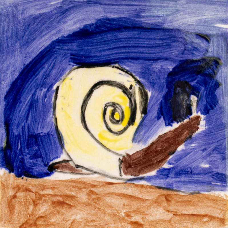 Painting of a brown snail with a yellow shell on the ground with a dark blue sky.